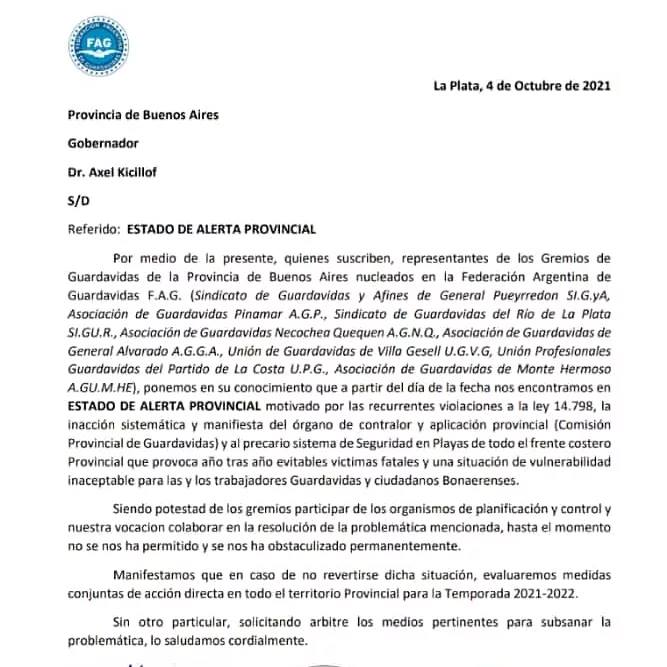 Con una carta dirigida a Axel Kicillof, los gremios de guardavidas declararon el estado de alerta provincial.